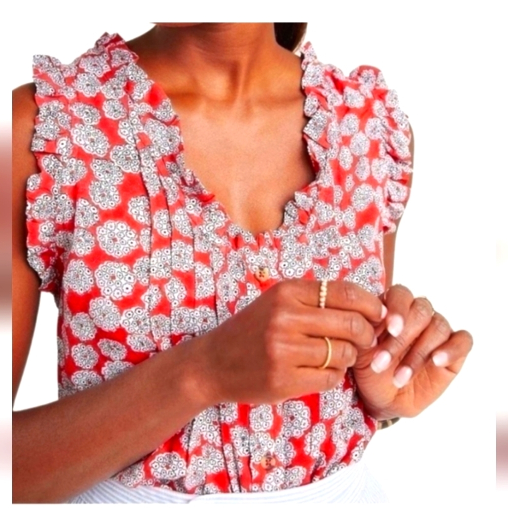 Floral Ruffle Sleeve Top - Red